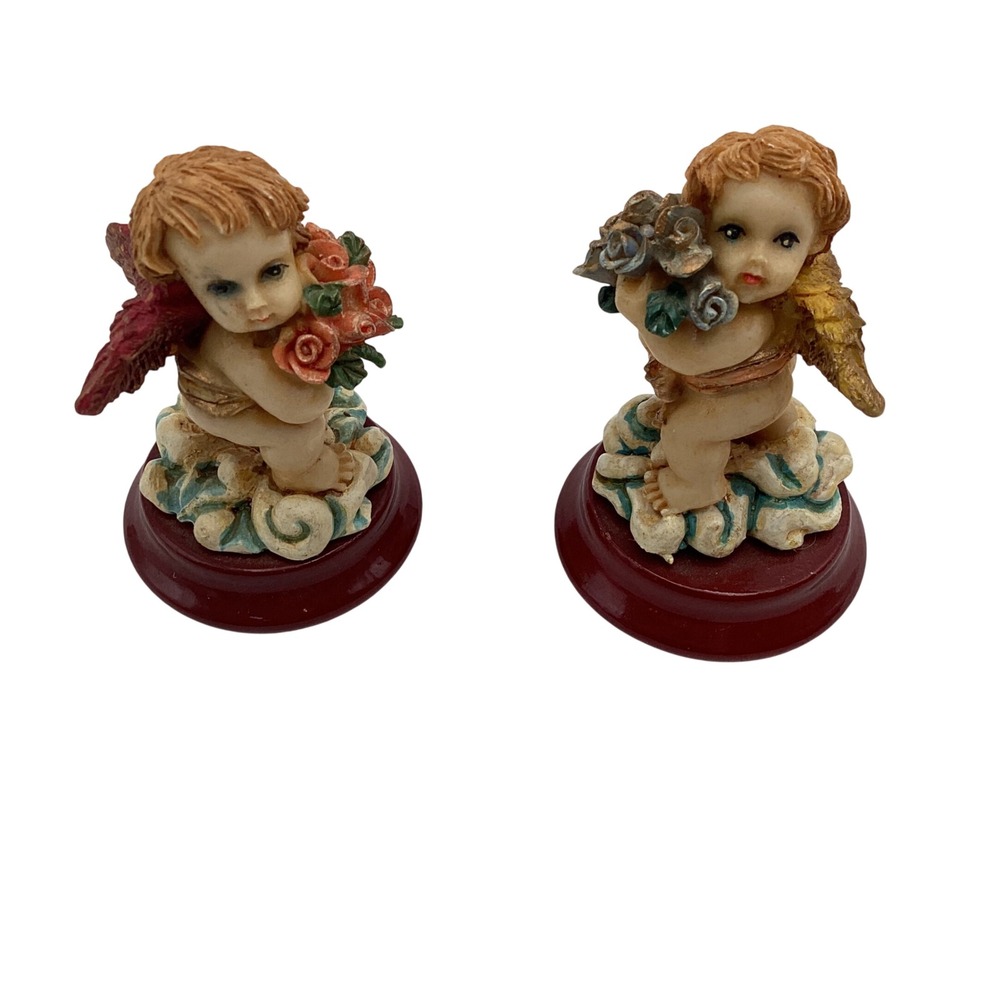 Vintage Cherub Angel Figurines Resin Pair Red Gold Wings Roses Decor 3 Inch